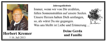Traueranzeige von Herbert Kremer von Tageszeitung