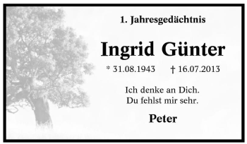 Traueranzeige von Ingrid Günter von Tageszeitung