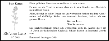 Traueranzeige von Elschen Lenz von Tageszeitung