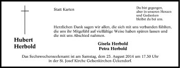 Traueranzeige von Hubert  Herbold von Tageszeitung
