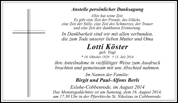 Traueranzeige von Lotti Köster von Tageszeitung