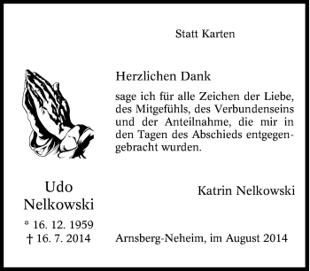 Traueranzeige von Udo Nelkowski von Tageszeitung