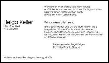 Traueranzeige von Helga Keller von Tageszeitung