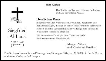 Traueranzeige von Siegfried Althaus von Tageszeitung