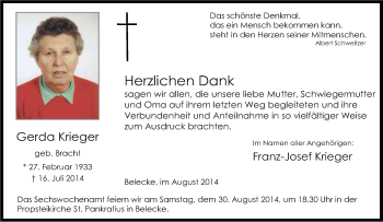 Traueranzeige von Gerda Krieger von Tageszeitung