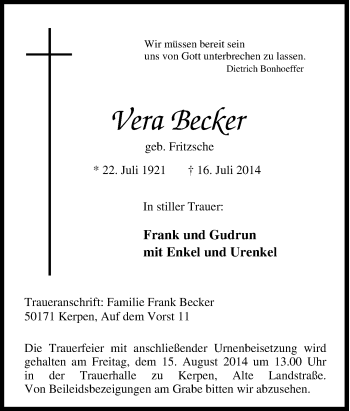 Traueranzeige von Vera Becker von Tageszeitung