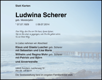 Traueranzeige von Ludwina Scherer von Tageszeitung