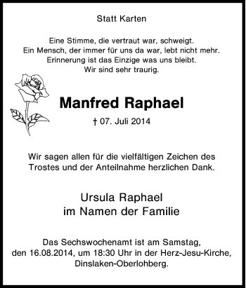 Traueranzeige von Manfred Raphael von Tageszeitung
