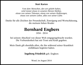 Traueranzeige von Bernhard Engbers von Tageszeitung