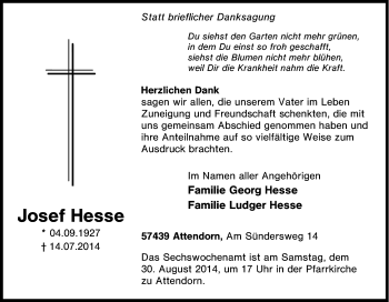 Traueranzeige von Josef Hesse von Tageszeitung