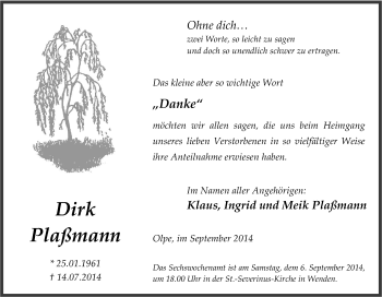 Traueranzeige von Dirk Plaßmann von Tageszeitung