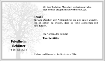 Traueranzeige von Friedhelm Schütter von Tageszeitung