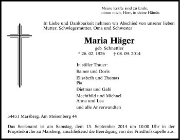 Traueranzeige von Maria Häger von Tageszeitung