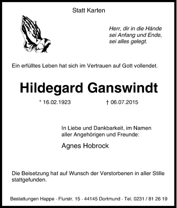 Traueranzeige von Hildegard Ganswindt von Tageszeitung