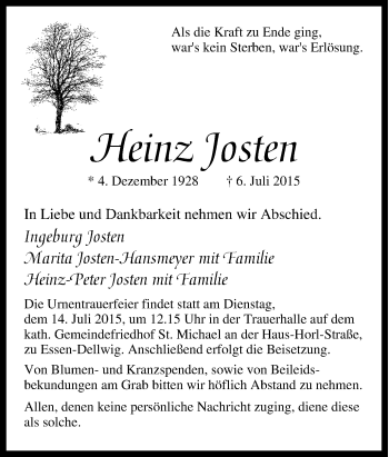 Traueranzeige von Heinz Josten von Tageszeitung