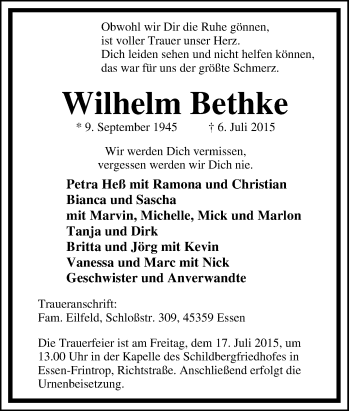 Traueranzeige von Wilhelm Bethke von Tageszeitung