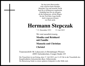 Traueranzeige von Hermann Stepczak von Tageszeitung