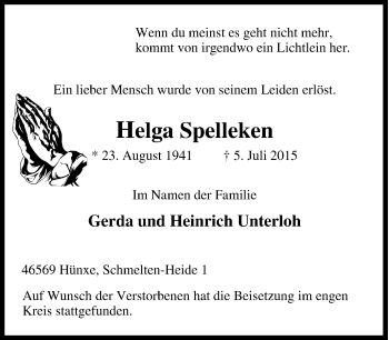 Traueranzeige von Helga Spelleken von Tageszeitung