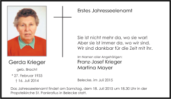 Traueranzeige von Gerda Krieger von Tageszeitung
