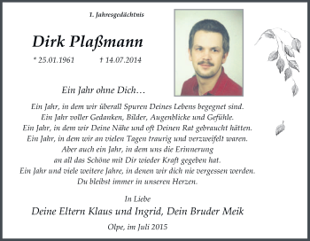 Traueranzeige von Dirk Plaßmann von Tageszeitung