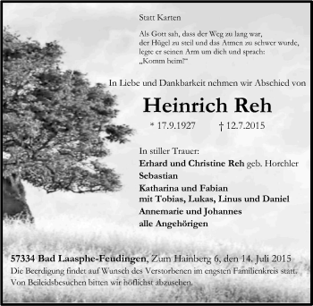 Traueranzeige von Heinrich Reh von Tageszeitung
