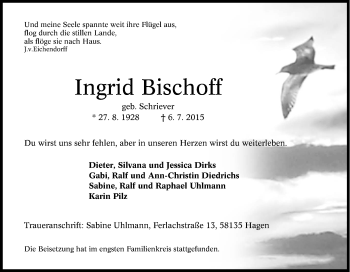Traueranzeige von Ingrid Bischoff von Tageszeitung