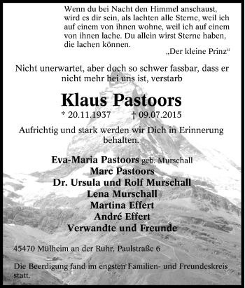 Traueranzeige von Klaus Pastoors von Tageszeitung
