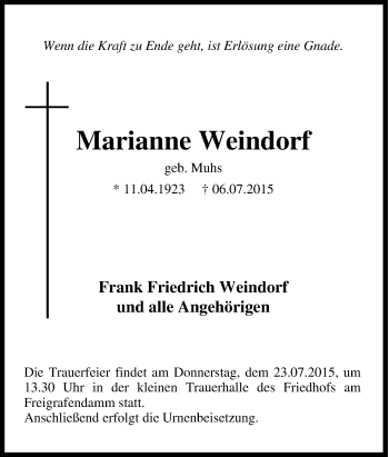 Traueranzeige von Marianne Weindorf von Tageszeitung