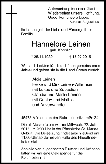 Traueranzeige von Hannelore Leinen von Tageszeitung