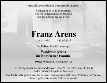 Traueranzeige von Franz Arens von Tageszeitung