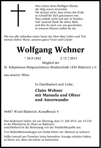 Traueranzeige von Wolfgang Wehner von Tageszeitung