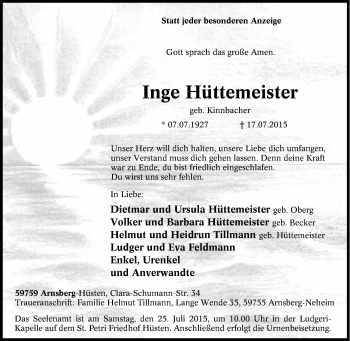 Traueranzeige von Inge Hüttemeister von Tageszeitung