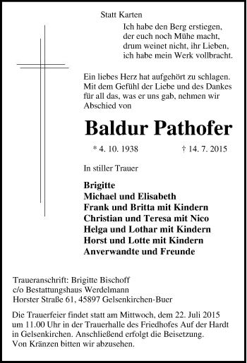 Traueranzeige von Baldur Pathofer von Tageszeitung