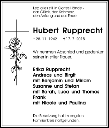 Traueranzeige von Hubert Rupprecht von Tageszeitung