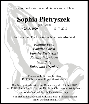 Traueranzeige von Sophia Pietryszek von Tageszeitung