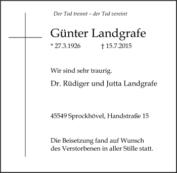Traueranzeige von Günter Landgrafe von Tageszeitung