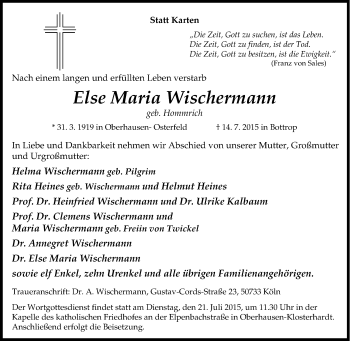 Traueranzeige von Else Maria Wischermann von Tageszeitung
