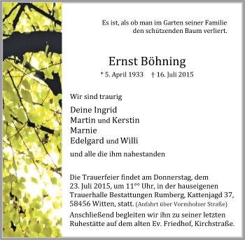Traueranzeige von Ernst Böhning von Tageszeitung