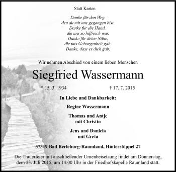 Traueranzeige von Siegfried Wassermann von Tageszeitung