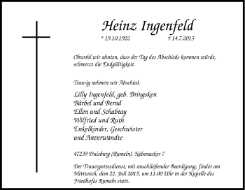 Traueranzeige von Heinz Ingenfeld von Tageszeitung