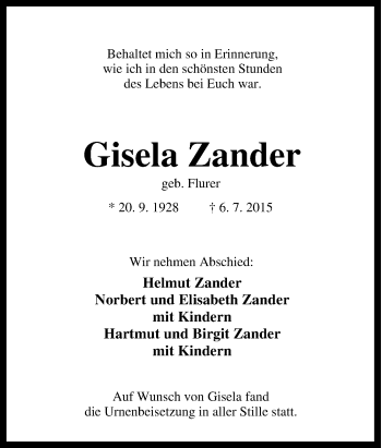 Traueranzeige von Gisela Zander von Tageszeitung