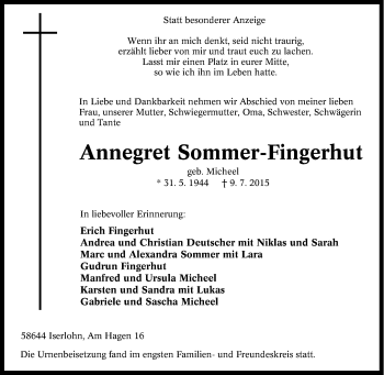 Traueranzeige von Annegret Sommer-Fingerhut von Tageszeitung