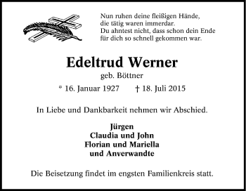 Traueranzeige von Edeltrud Werner von Tageszeitung