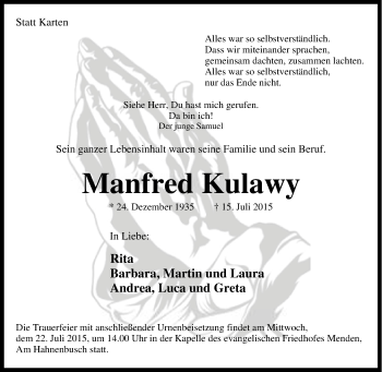 Traueranzeige von Manfred Kulawy von Tageszeitung