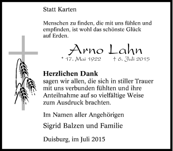 Traueranzeige von Arno Lahn von Tageszeitung