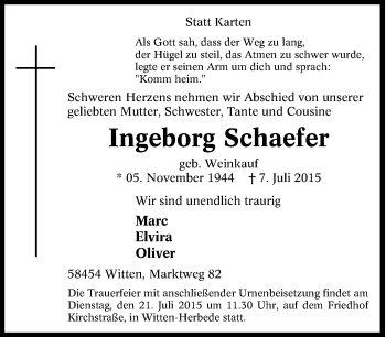 Traueranzeige von Ingeborg Schaefer von Tageszeitung
