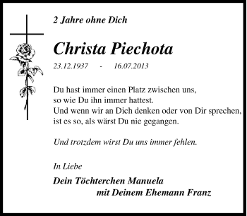 Traueranzeige von Christa Piechota von Tageszeitung
