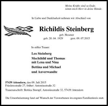 Traueranzeige von Richildis Steinberg von Tageszeitung