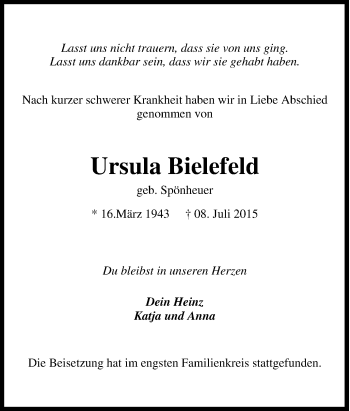 Traueranzeige von Ursula Bielefeld von Tageszeitung