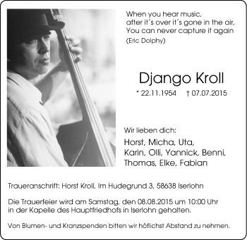 Traueranzeige von Django Kroll von Tageszeitung
